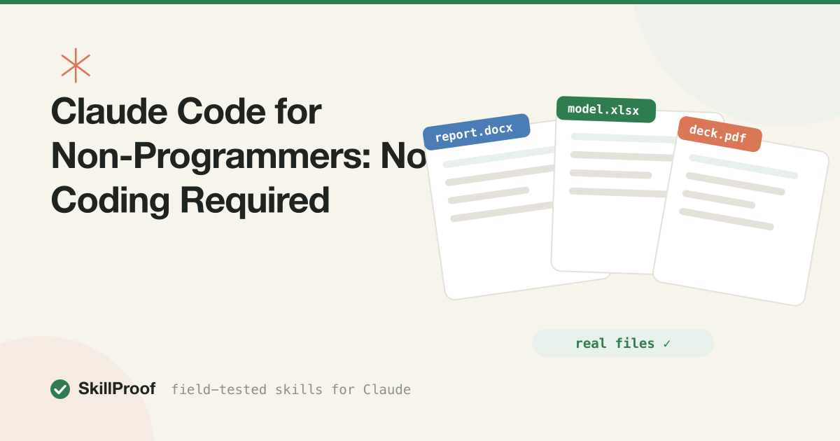 Cream illustration of a friendly terminal window with a document card and a chart card resting beside it