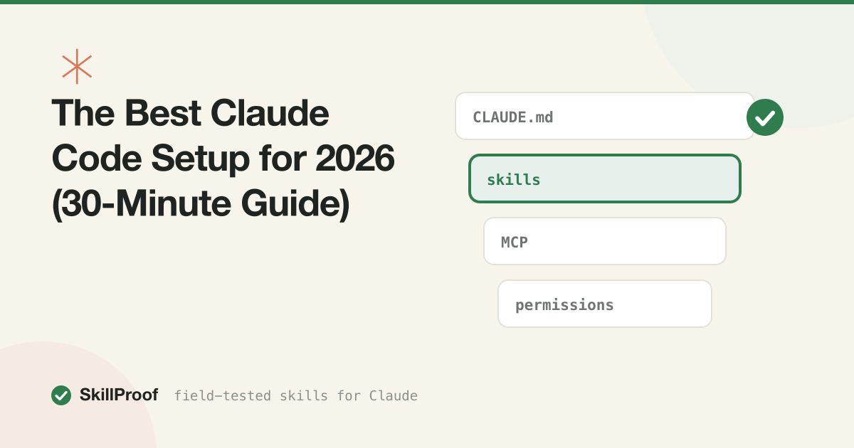 Cream illustration of a terminal window with a green checkmark, marking a finished Claude Code setup