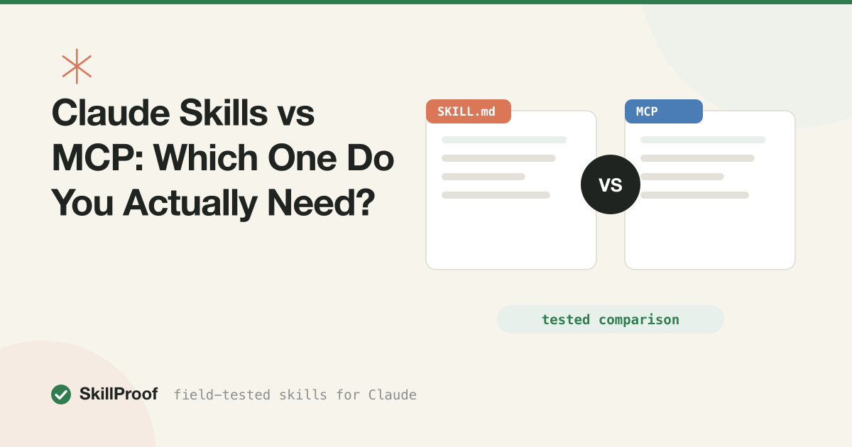 Two circles compared: a green asterisk for skills versus a coral node graph for MCP servers