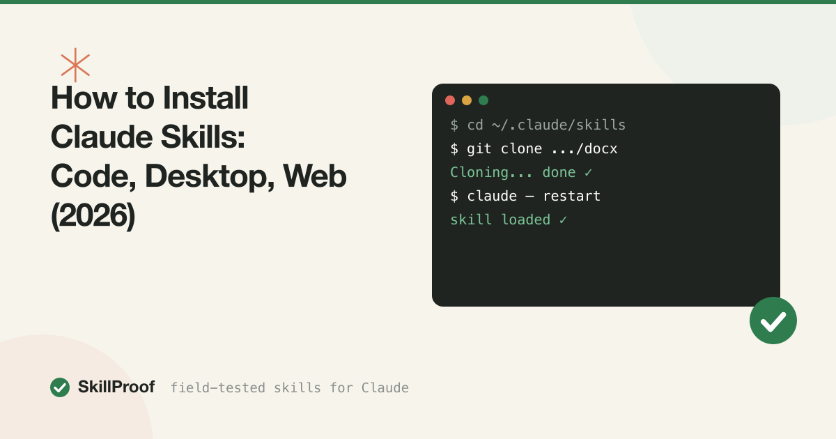 Terminal window with the cp install command and an arrow pointing into the Claude skills folder