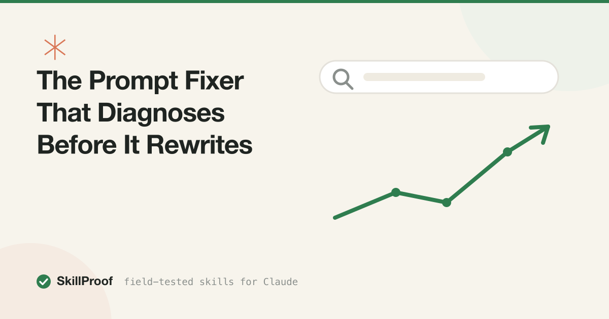 Cream illustration of a prompt marked up like a bug report before a minimal rewrite
