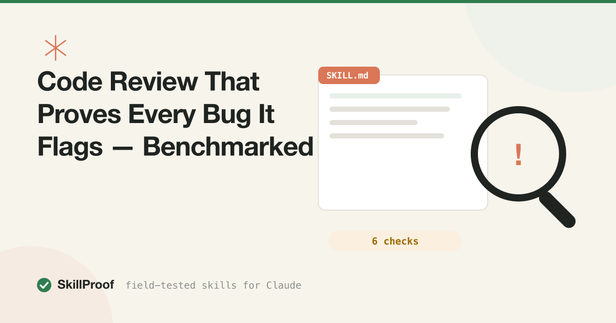 Cream illustration of a code review that must prove each finding before reporting it