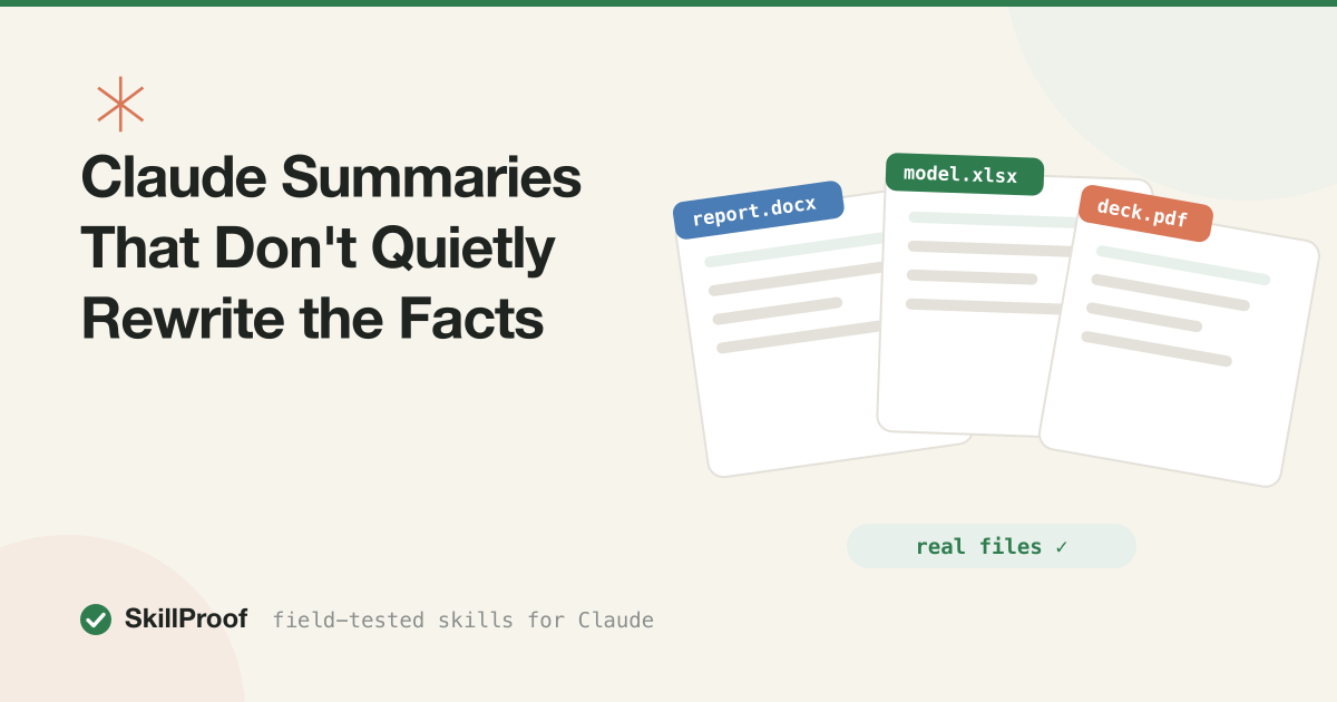Cream illustration of a source document compressed into a faithful summary with flagged contradictions