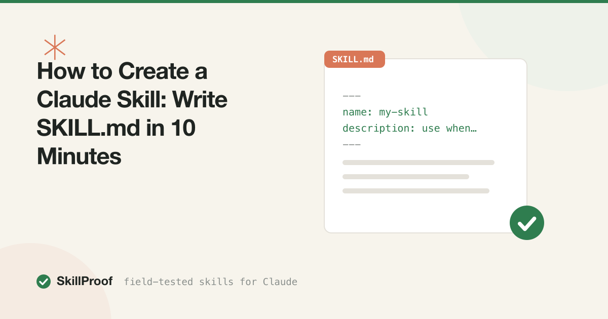 SKILL.md file with frontmatter lines and a coral pen writing a new Claude skill
