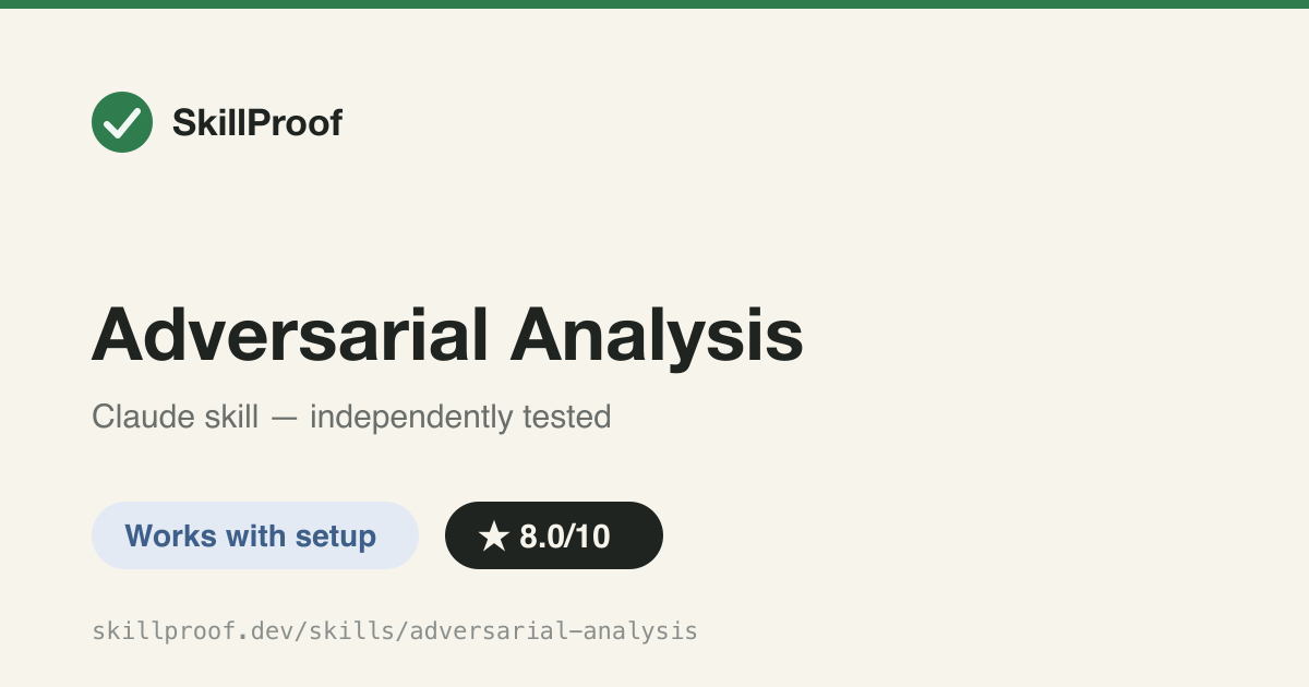 Adversarial Analysis — Three-agent Swiss legal debate (advocate/adversary/judge) with calibrated risk probabilities -- but full-mode citation verification needs plugin-level MCP servers a bare skill copy won't have.