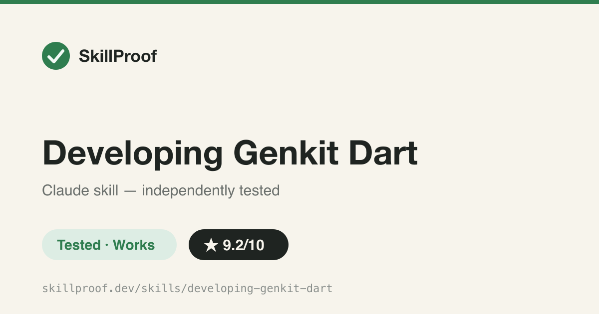 Developing Genkit Dart — Genkit Dart SDK reference that actually compiles — verified against real pub.dev packages.
