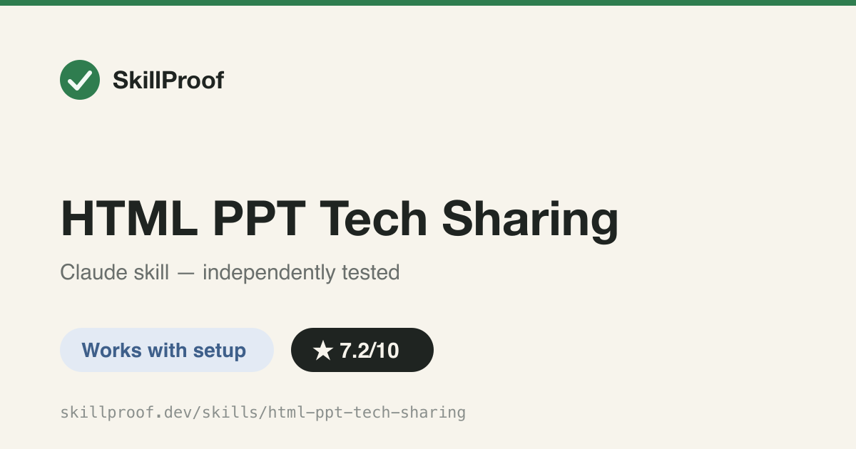 HTML PPT Tech Sharing — Entry point to a real HTML-deck runtime (themes, presenter mode) — but its own file paths point at the wrong folder.