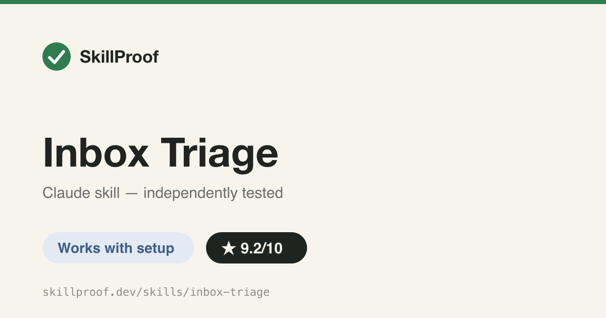 Inbox Triage — Classifies, researches and drafts (never sends) inbox email against a taxonomy -- but only after the companion inbox-setup skill has built its knowledge base.