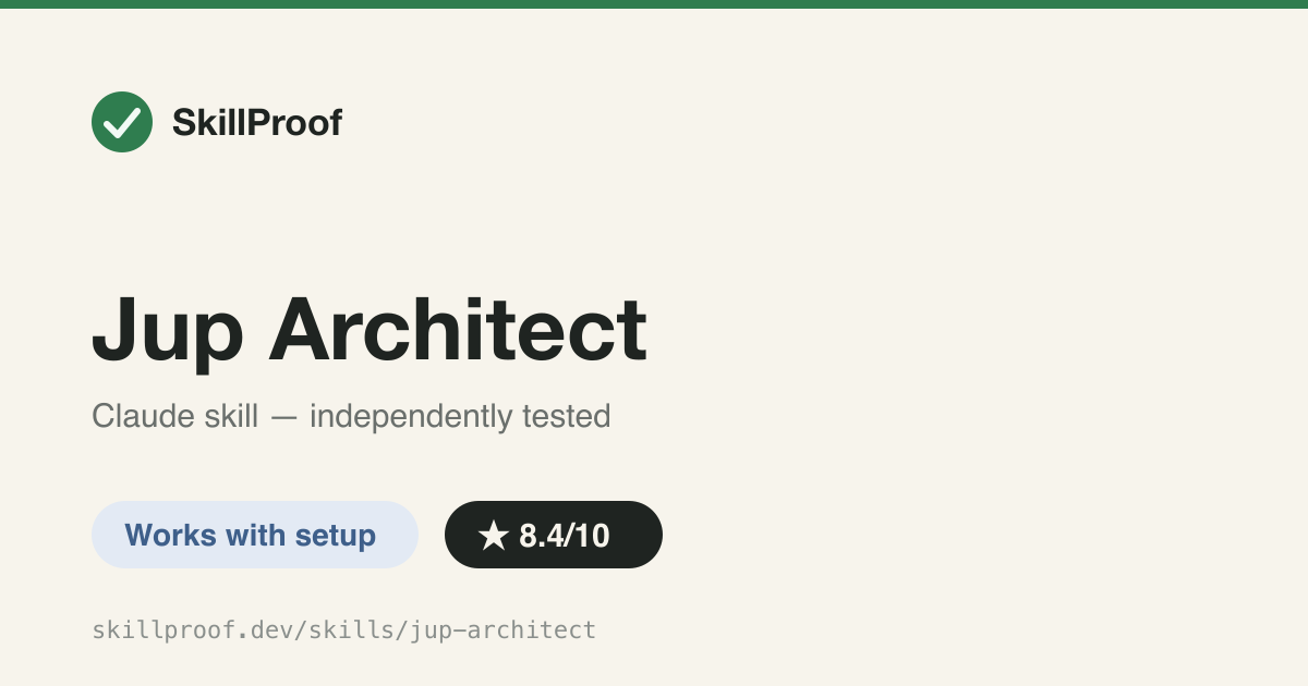 Jup Architect — A real, well-grounded architecture-review rubric for the jup CLI's own codebase — but it only means anything if you're literally working inside the jup repo.