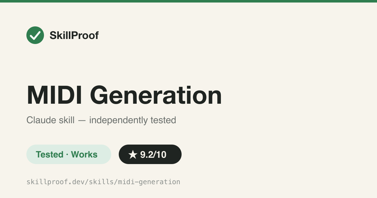 MIDI Generation — Generates real .mid files via bundled GM-instrument scripts and music-theory reference docs, not ad hoc code.