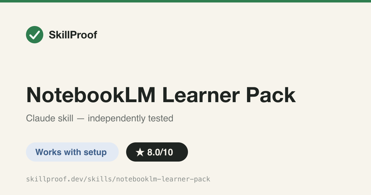 NotebookLM Learner Pack — Generates a branded 29-prompt HTML library for NotebookLM, but its own worked-example instructions point at the author's private sandbox path