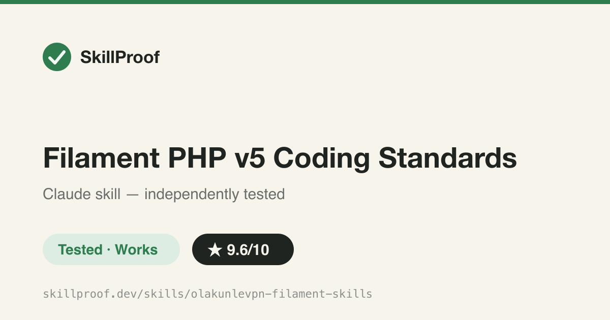 Filament PHP v5 Coding Standards — Enforces correct Filament v5 API (recordActions, Heroicon enum, Operation enum) over stale v3/v4 patterns.