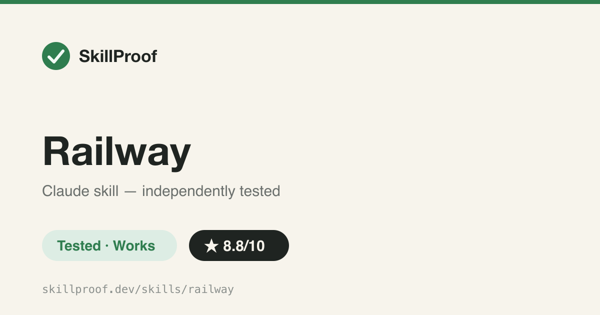 Railway — Runs the Railway CLI for you: status, logs, deploy, vars, health checks.