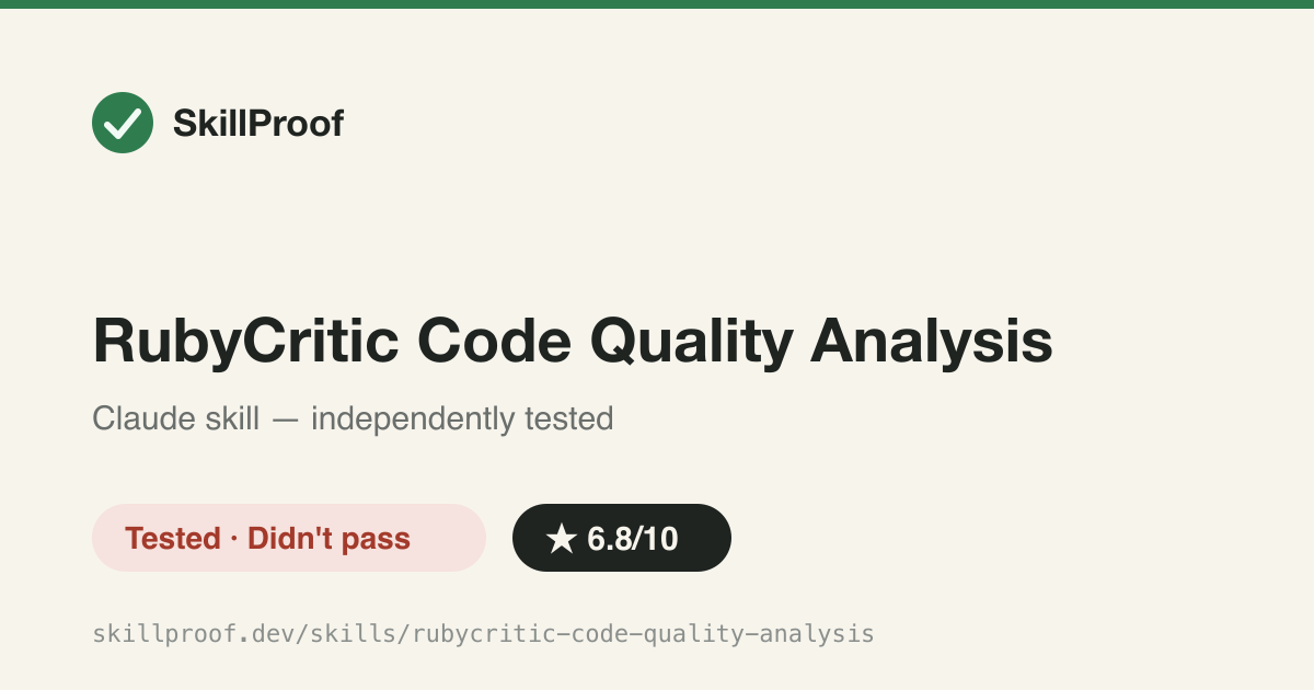 RubyCritic Code Quality Analysis — Wraps the RubyCritic gem to grade Ruby/Rails files A-F and prioritize refactoring by churn.